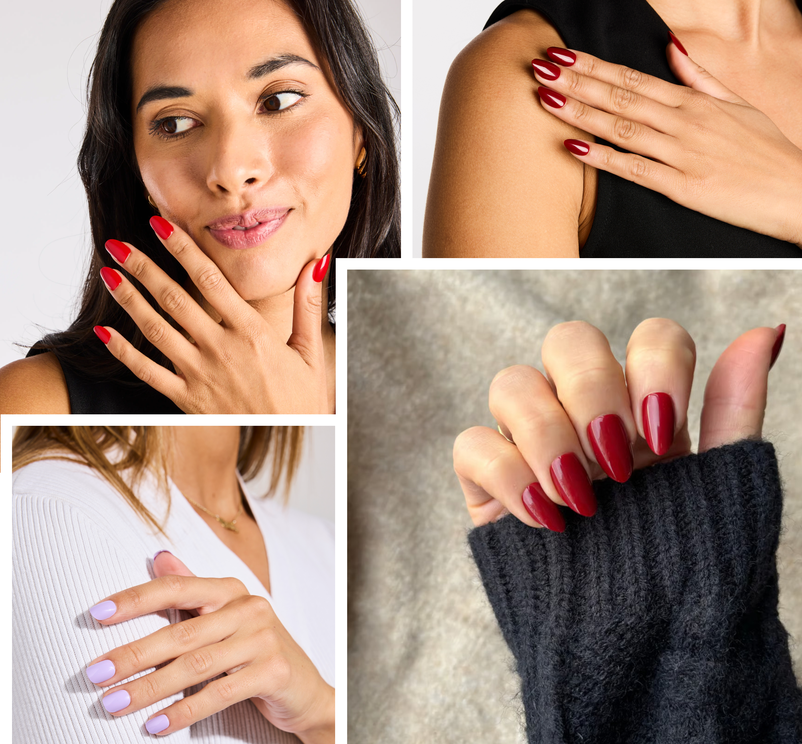 Collage of hands with red and lavender nail polish.
