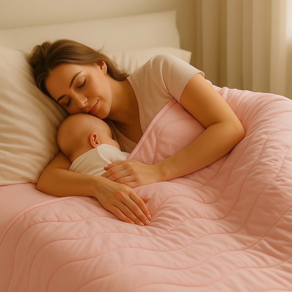 Woman and baby sleeping under a pink blanket.