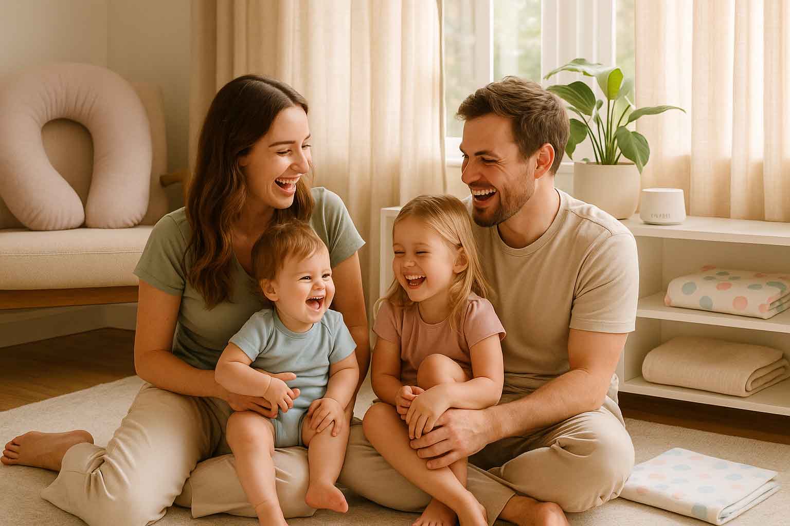 A happy family of four sitting on the floor, laughing together.