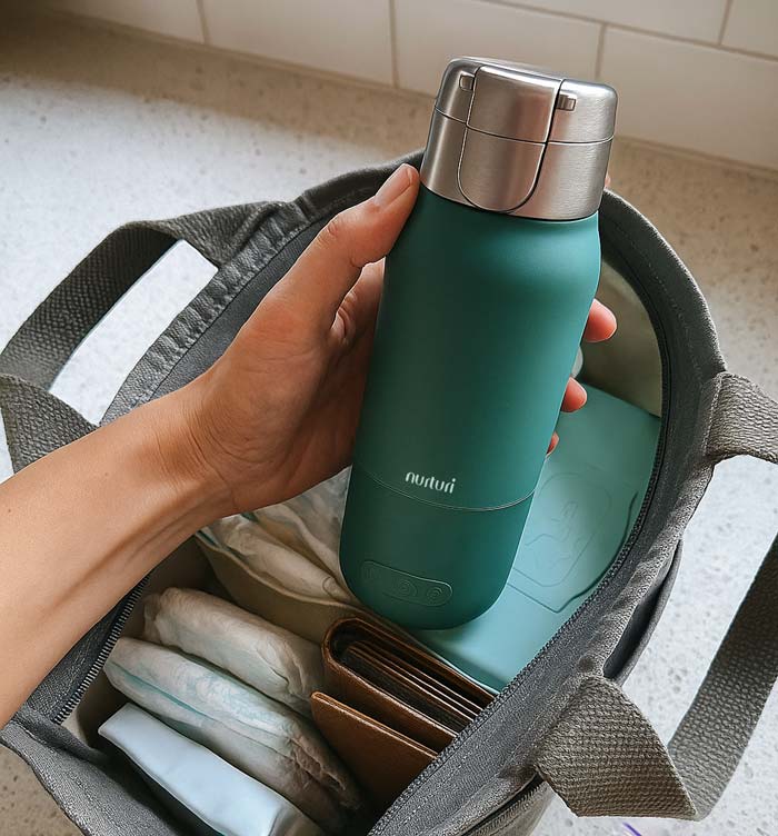 Hand holding a teal bottle over an open bag with items inside.