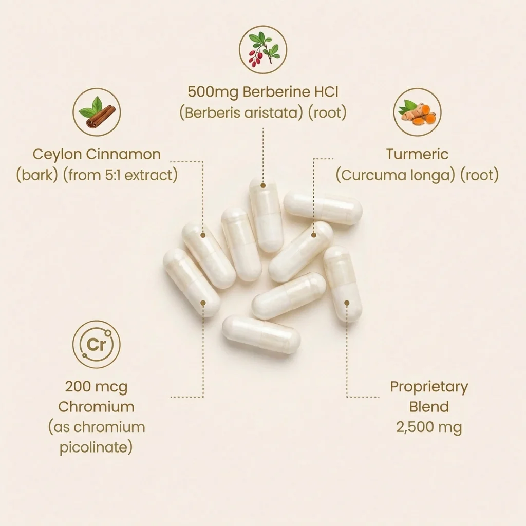 An infographic showing white capsules and listing their ingredients, including Berberine, Ceylon Cinnamon, Turmeric, and Chromium.