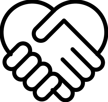 A black and white line icon of two hands shaking, forming the shape of a heart.