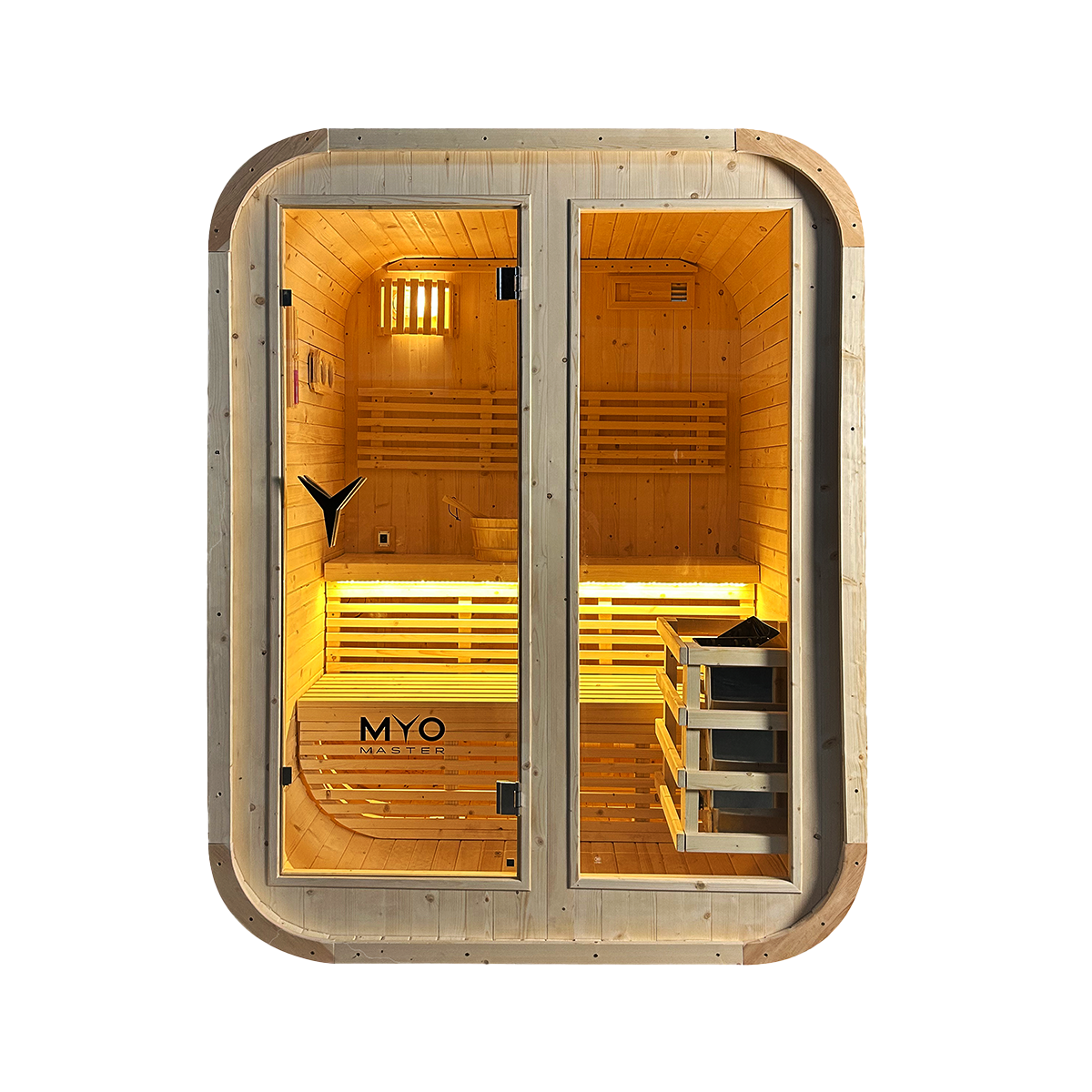 Wooden sauna with glass doors and interior lighting.