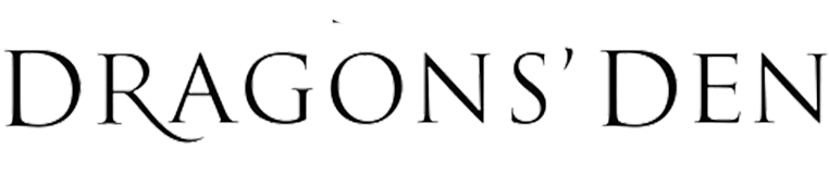 'Dragons' Den' text logo in black font on a white background.