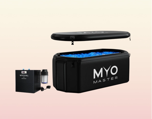 Black MYO Master ice bath with floating lid and cooling unit.