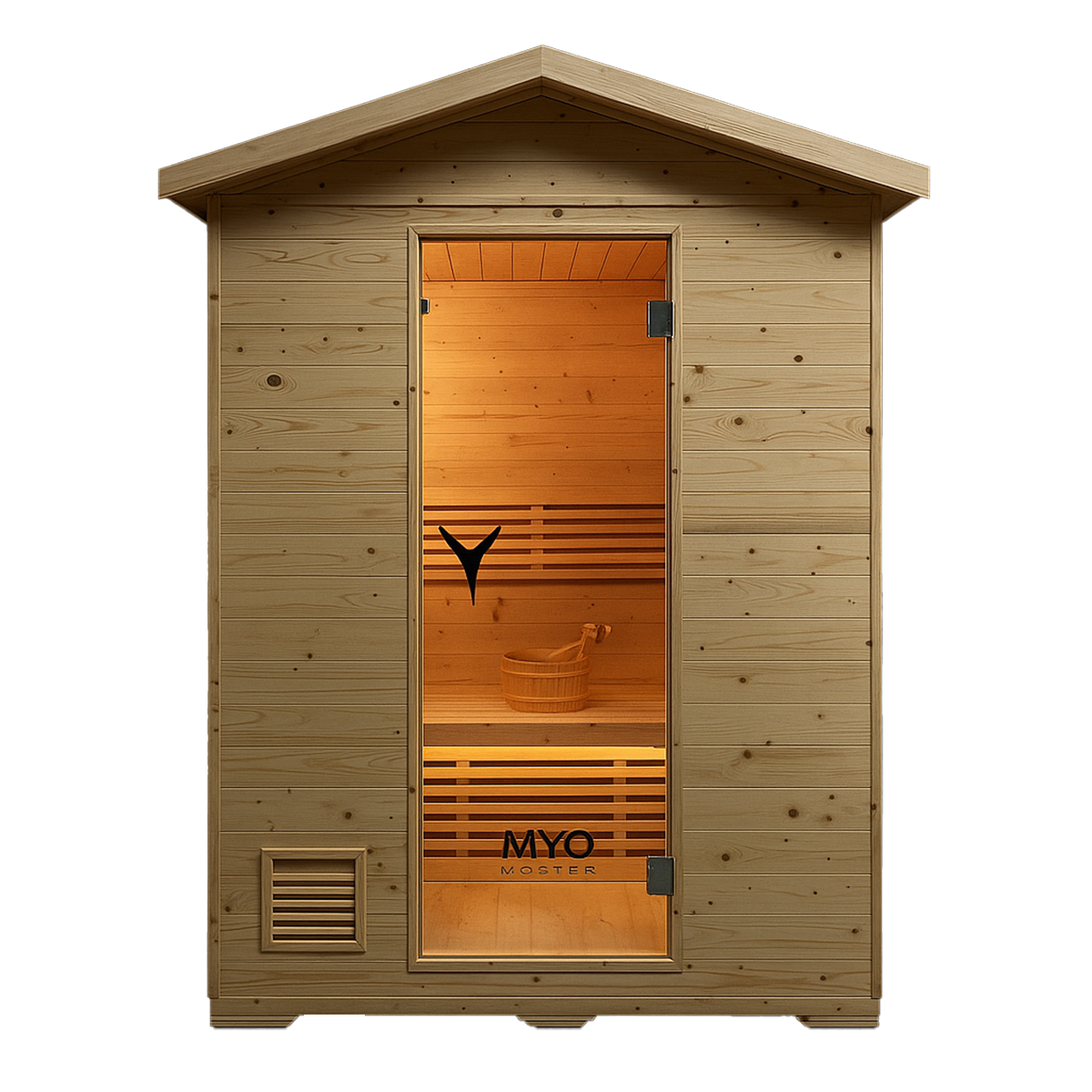 Wooden sauna cabin with glass door and interior light.