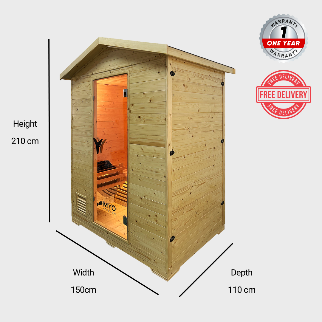 Wooden sauna cabin with dimensions and warranty badge.