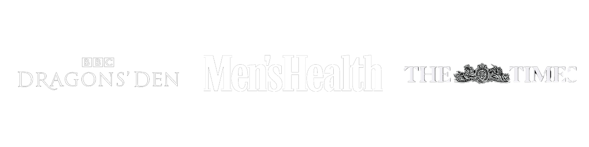 Logos of BBC Dragons' Den, Men's Health, and The Times.