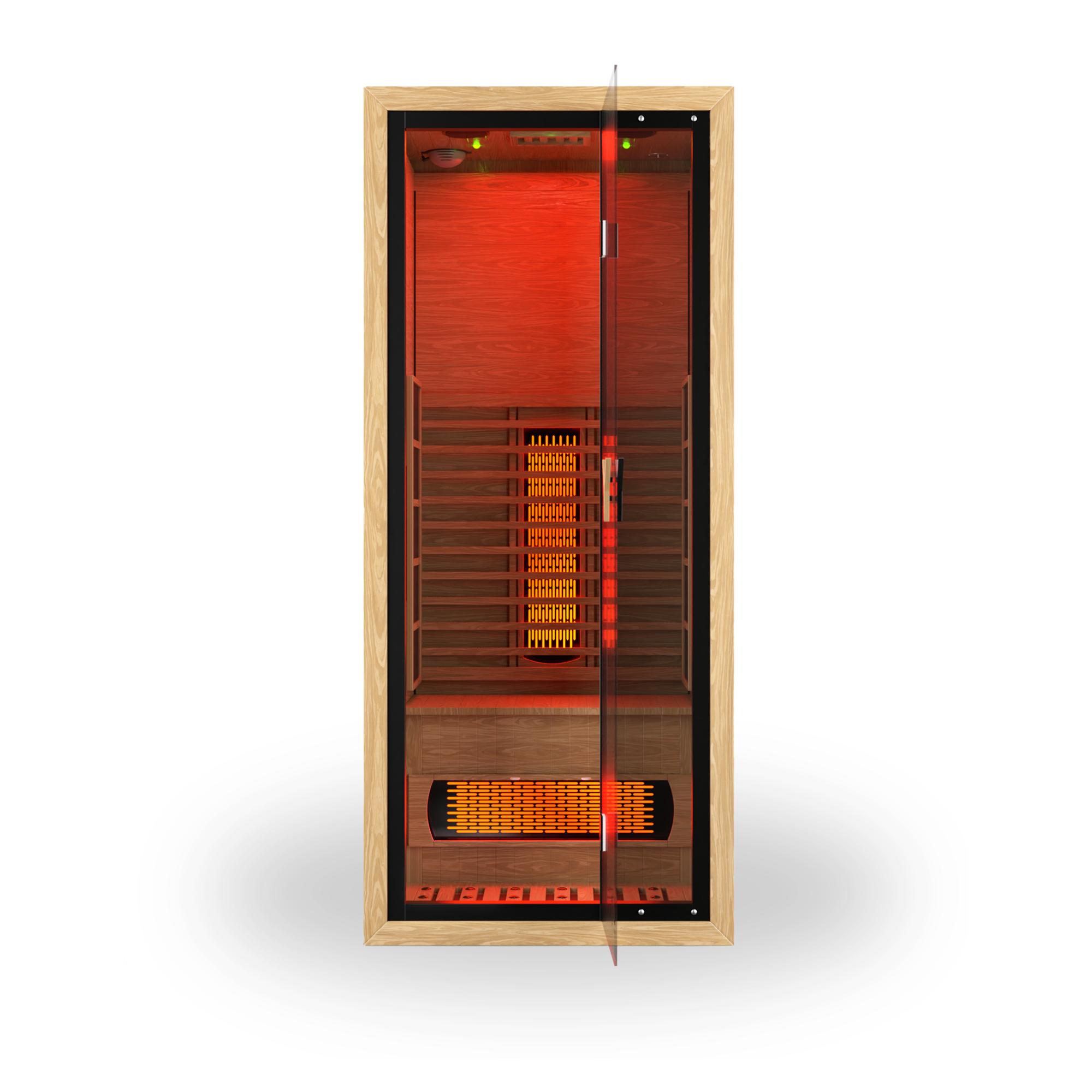 Wooden infrared sauna with glass door and glowing red lights inside.