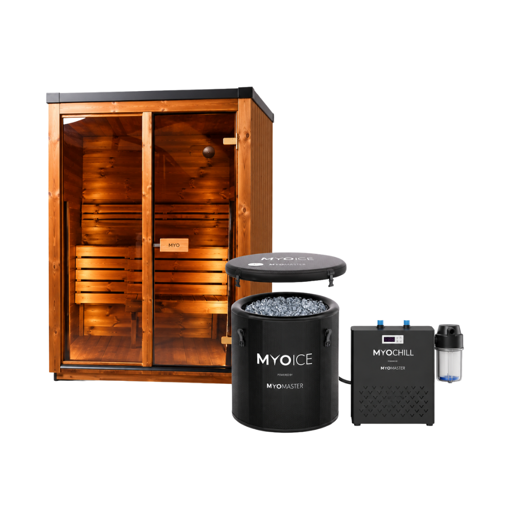 A wooden sauna, a portable ice bath, and a chiller unit against a white background.