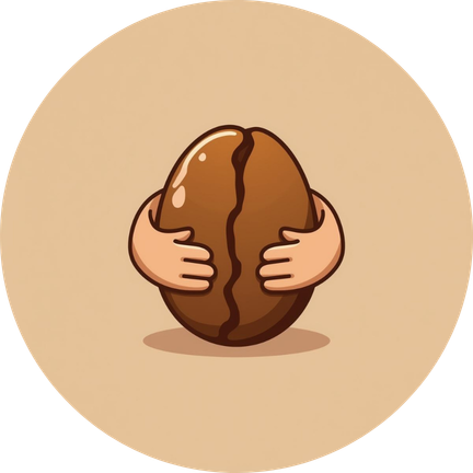 A cartoon illustration of a pair of hands hugging a large coffee bean inside a circle.