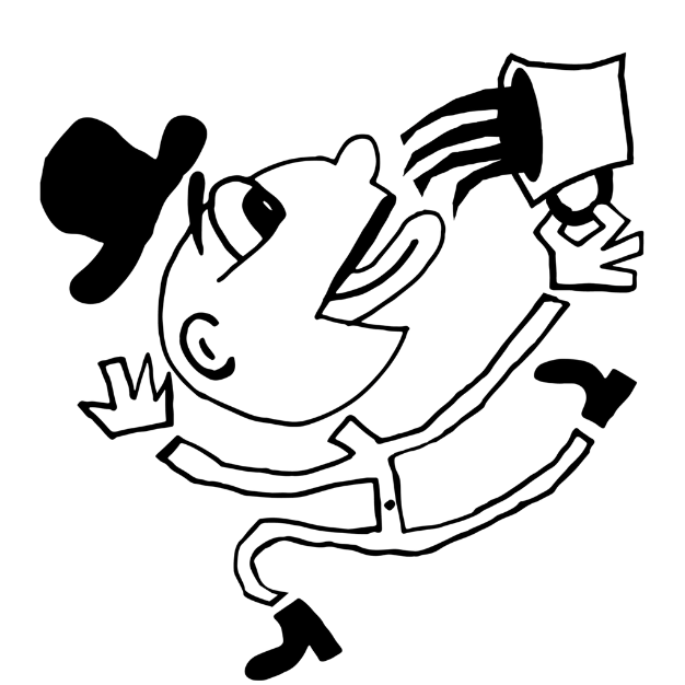 A black line drawing of a cartoon mouse in a top hat and coat, tumbling.