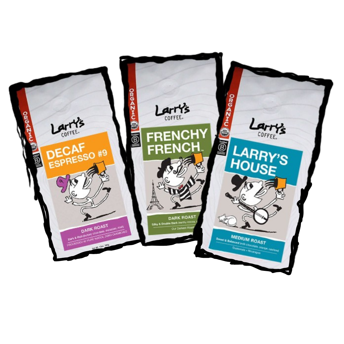 Three bags of Larry's Coffee: Decaf Espresso #9, Frenchy French, and Larry's House, against a white background.