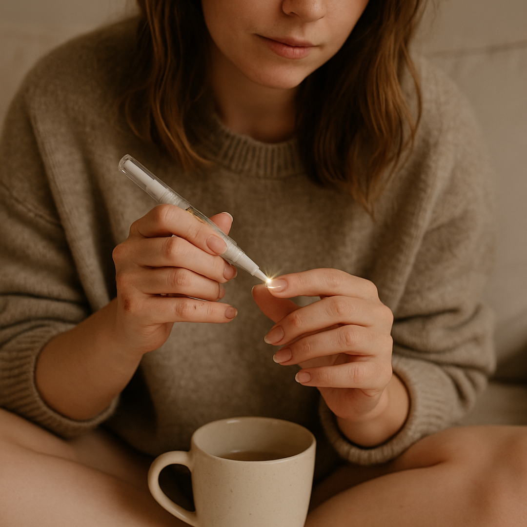 Person using a nail care pen with a cup of coffee.