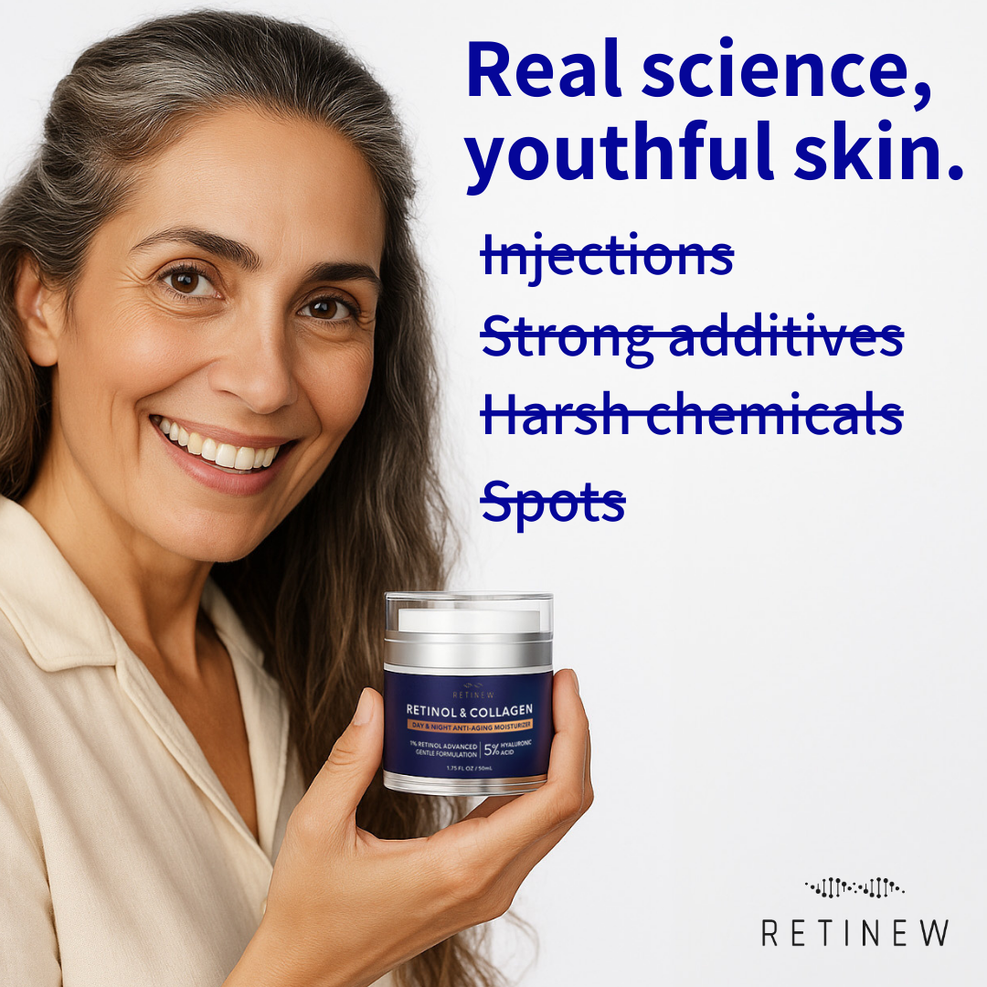Smiling woman holding Retinew jar, text highlights benefits of real science for youthful skin.
