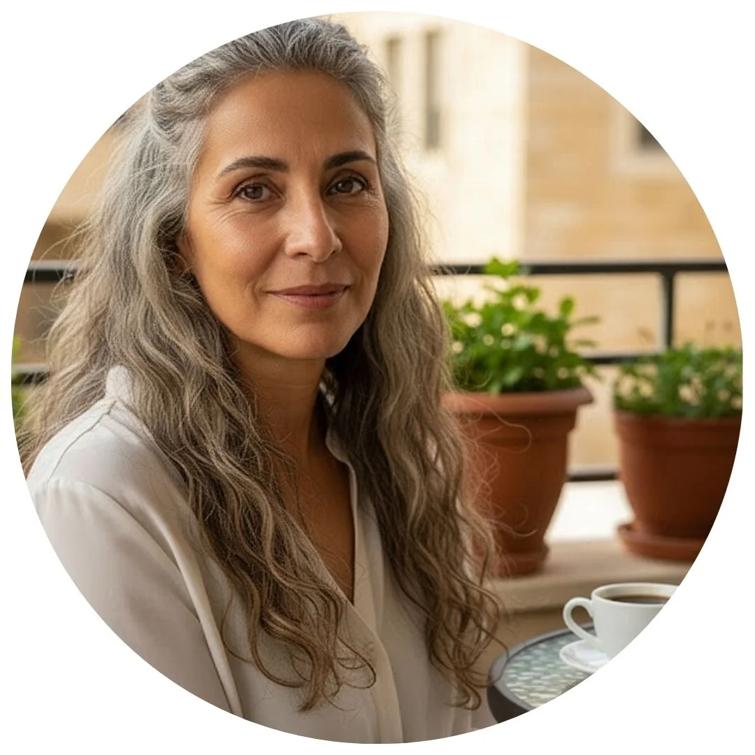 Person with long hair seated at a table with potted plants and a cup of coffee.