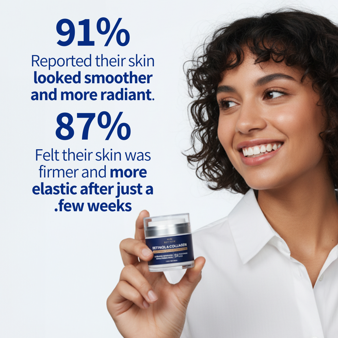 Smiling person holding retinol and collagen cream, text with skincare statistics on the side.