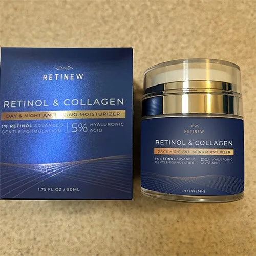 Blue Retinew Retinol & Collagen moisturizer box and jar on a beige surface.