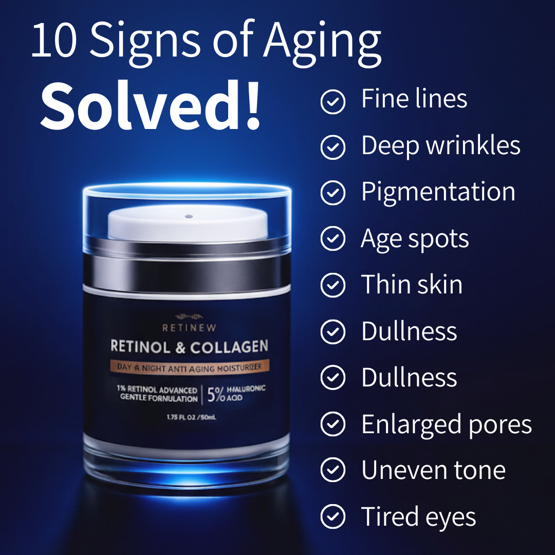 Retinol & Collagen moisturizer with text on aging signs solved, like wrinkles and pigmentation.