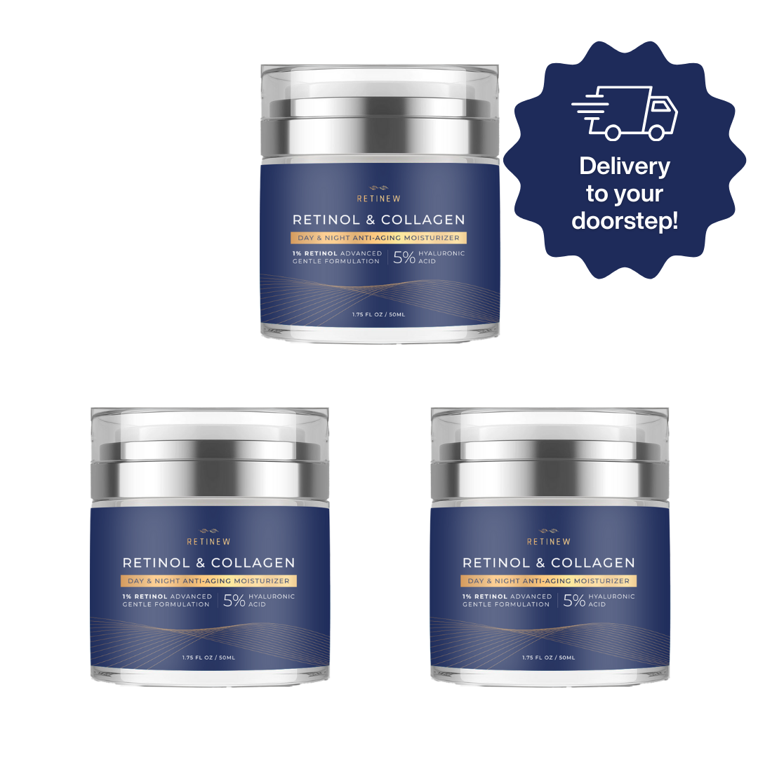 Three jars of Retinol & Collagen moisturizer with delivery icon.