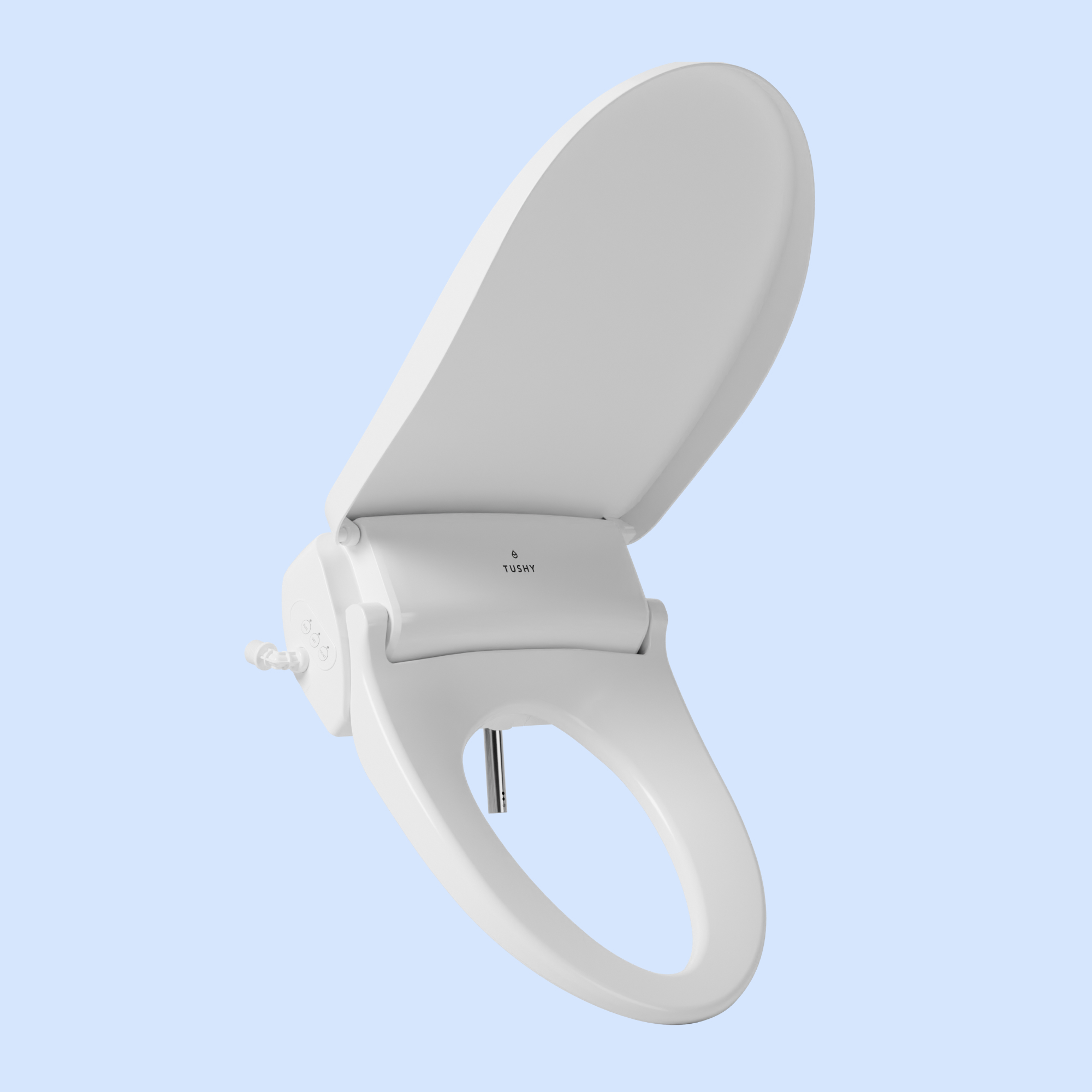 White bidet toilet seat with lid open on a light blue background.