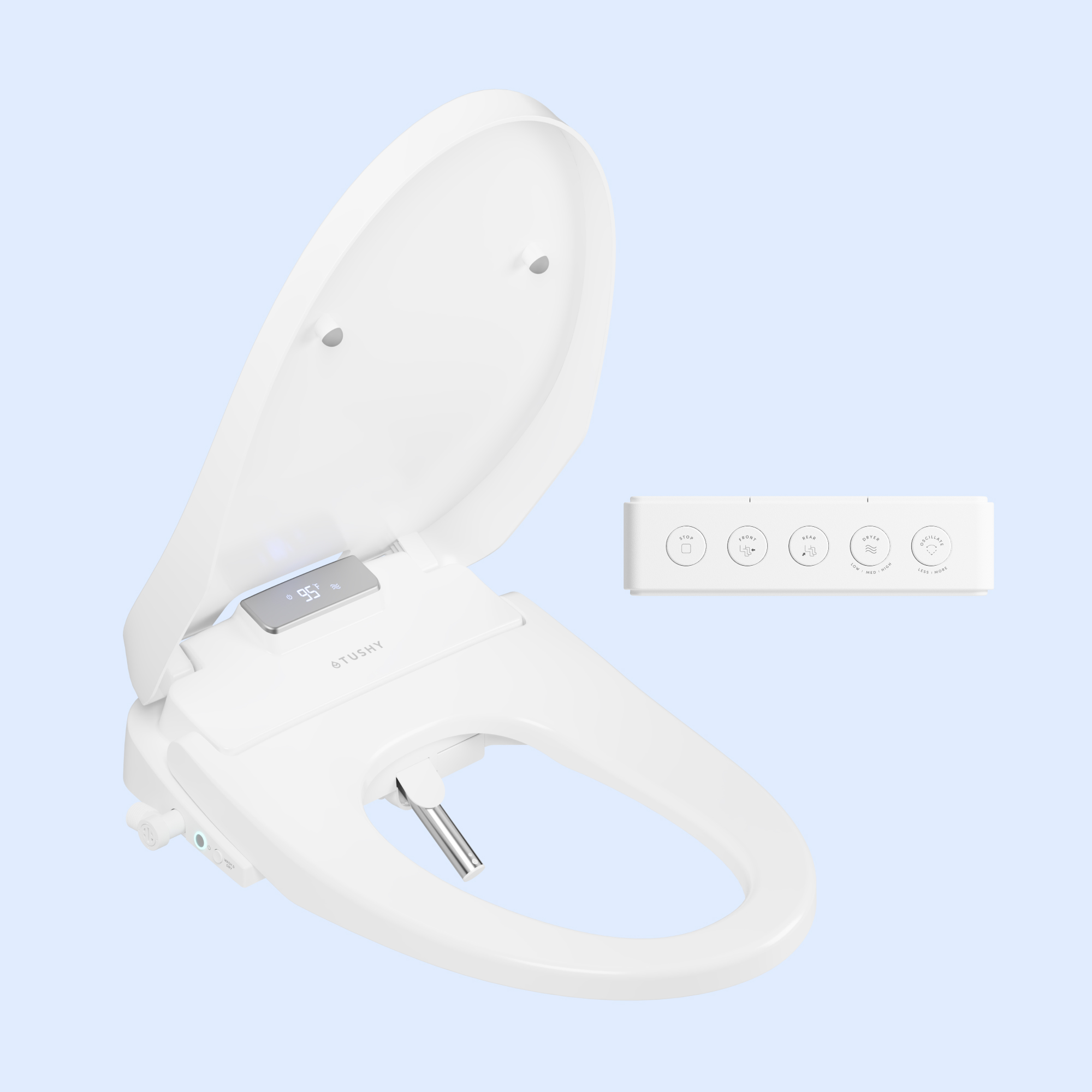 White bidet toilet seat with control panel on a light blue background.