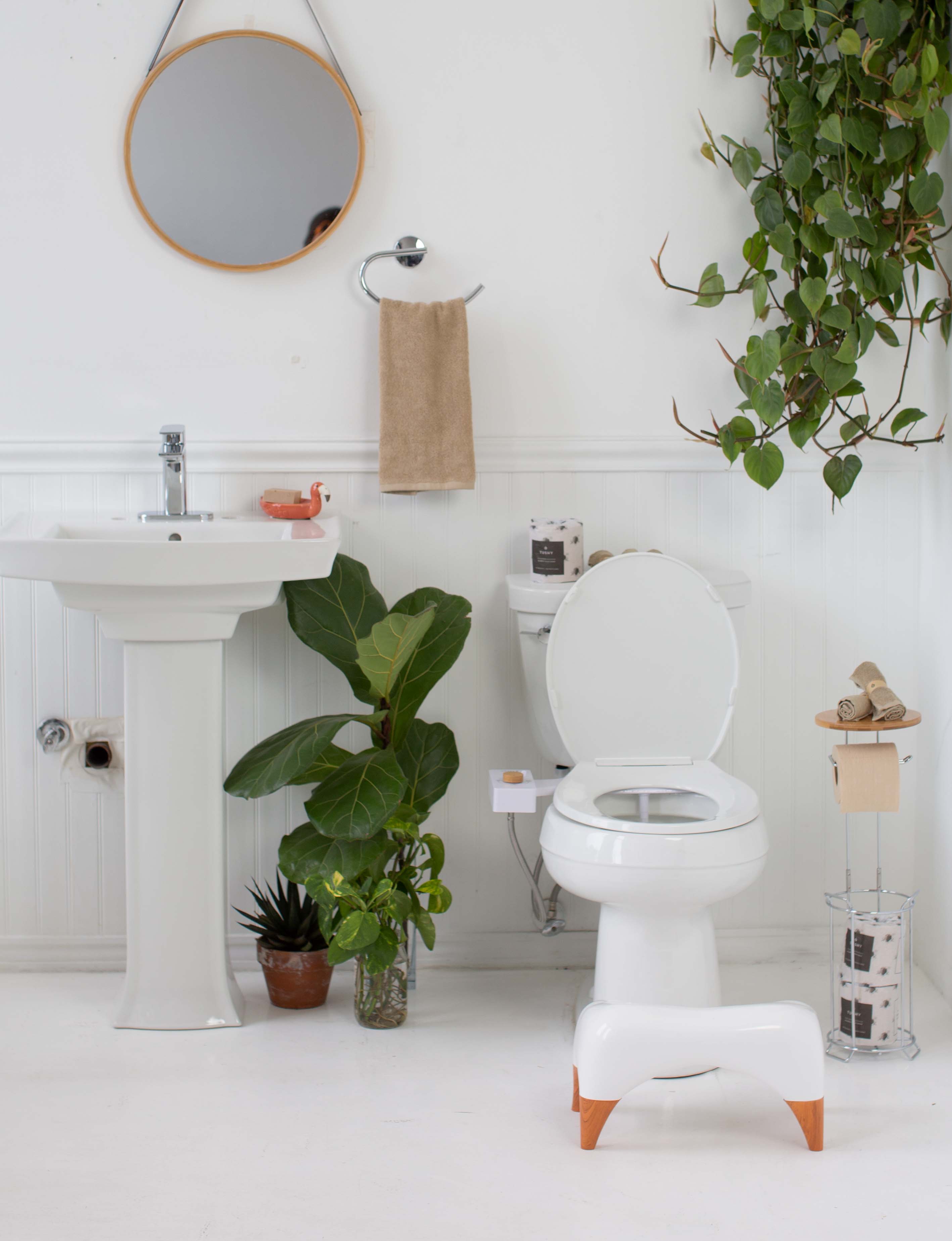 Bathroom with plants, toilet, sink, mirror, and towel.