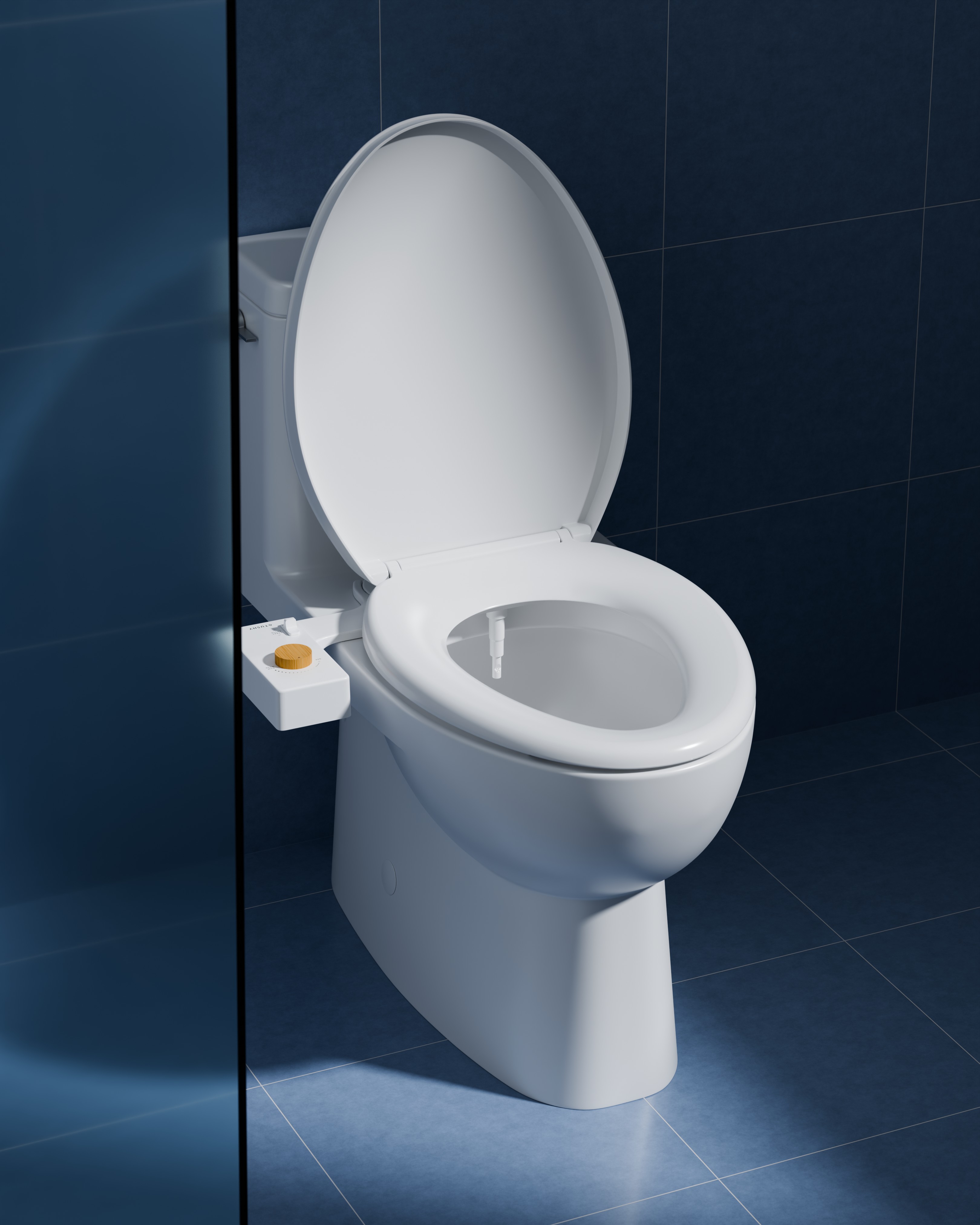 White toilet with open lid in a blue-tiled bathroom.