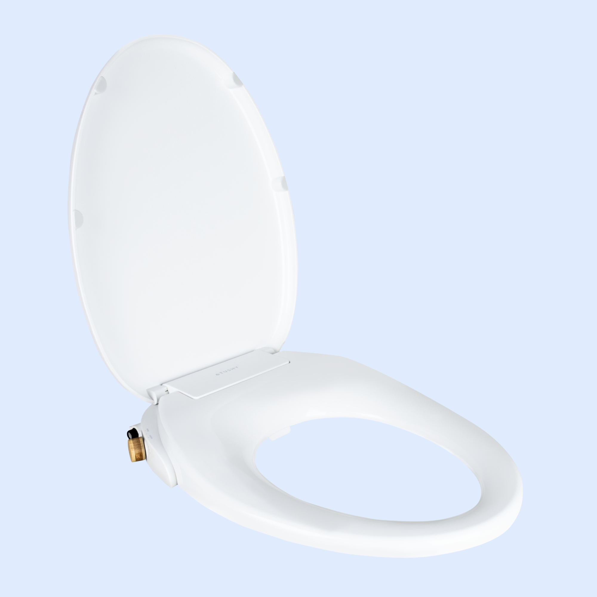 White toilet seat with lid open, viewed from an angle.