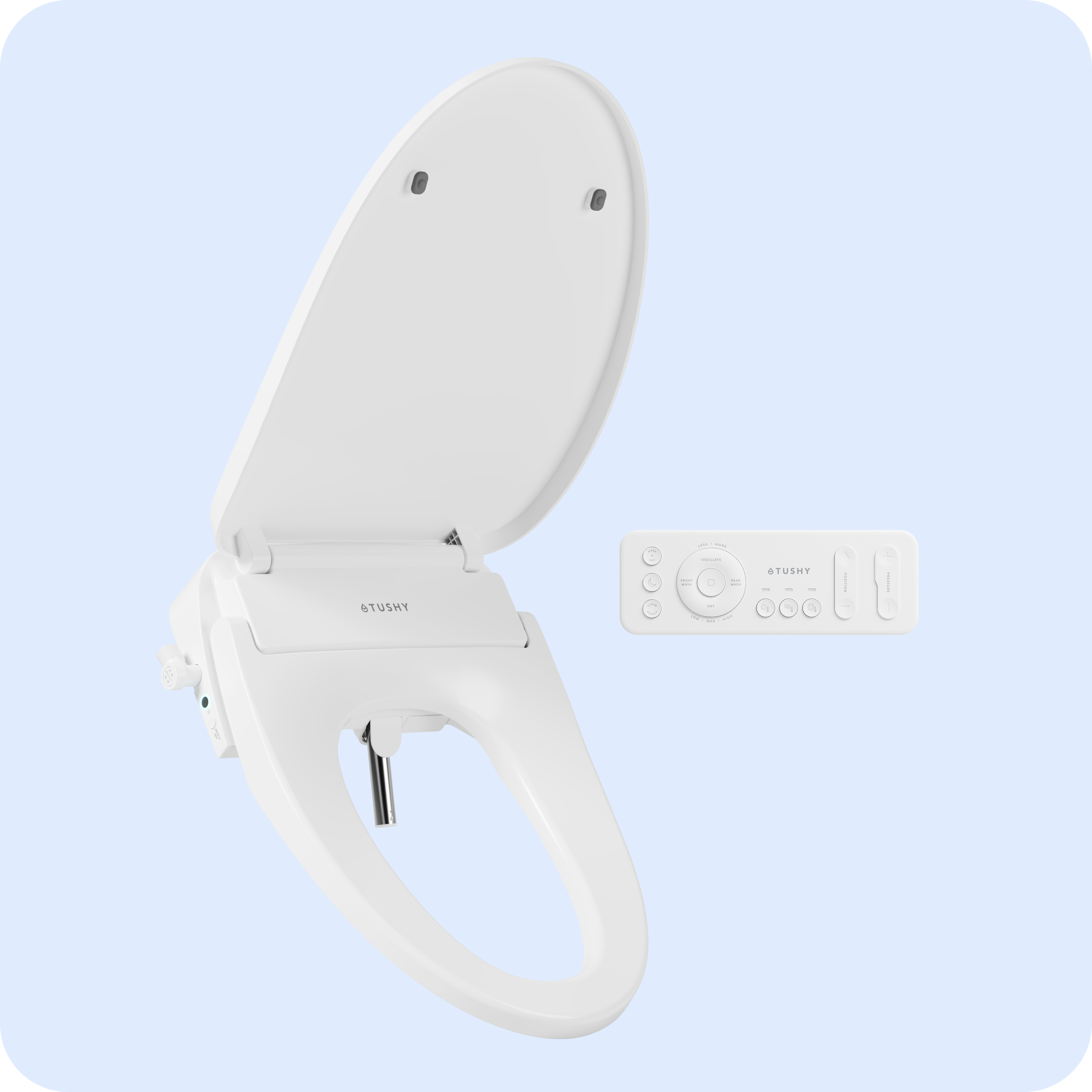 White bidet toilet seat with remote control, on light blue background.