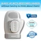A white baby bottle warmer with three certification logos displayed next to it on a blue and white background.