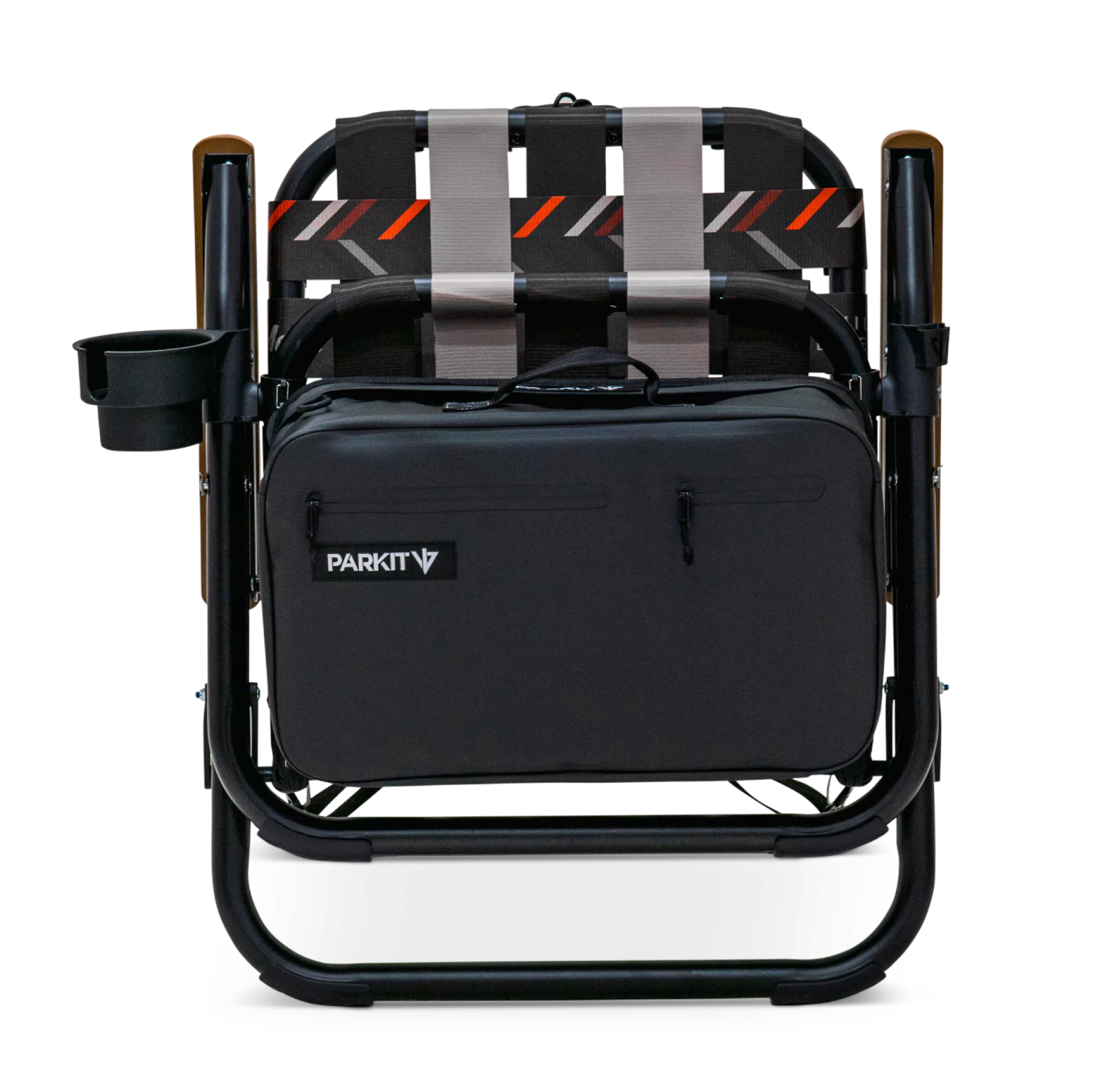Black folding chair with patterned straps, wooden armrests, and a cup holder.