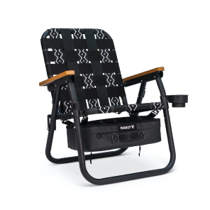 Black folding chair with wooden armrests and cup holder.