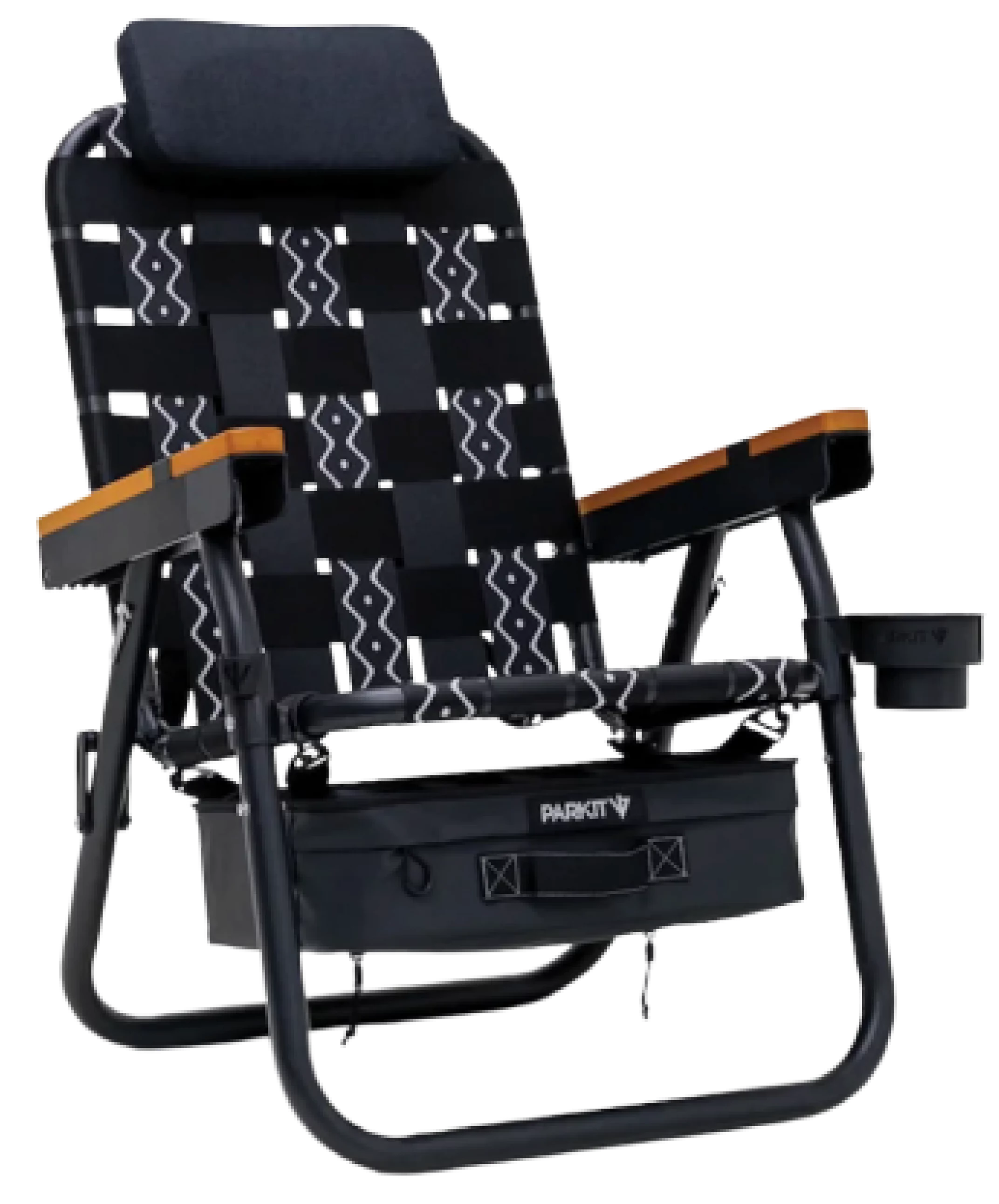 A modern black outdoor chair with wooden armrests and a patterned seat.