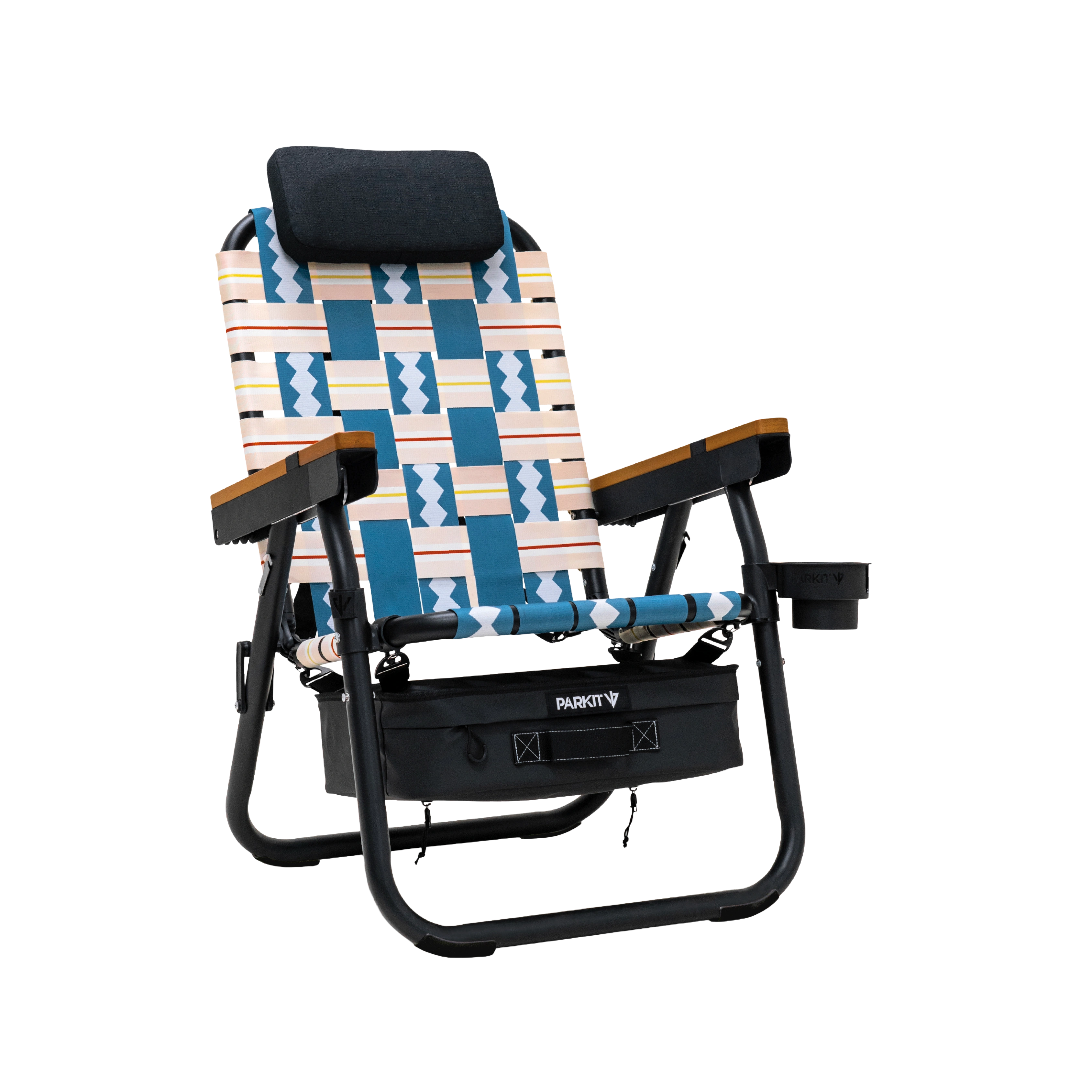 A reclining outdoor chair with a patterned seat, headrest, storage pouch, and cup holder against a white background.