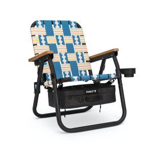 Folding chair with a colorful geometric pattern and a cup holder.