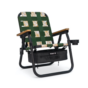 Green and beige patterned folding chair with cup holder and storage pouch.