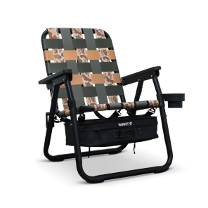 Folding chair with a camouflage pattern and cup holder.