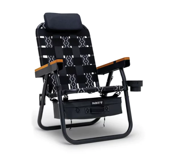 Stylish black camping chair with patterned fabric and cushioned headrest.