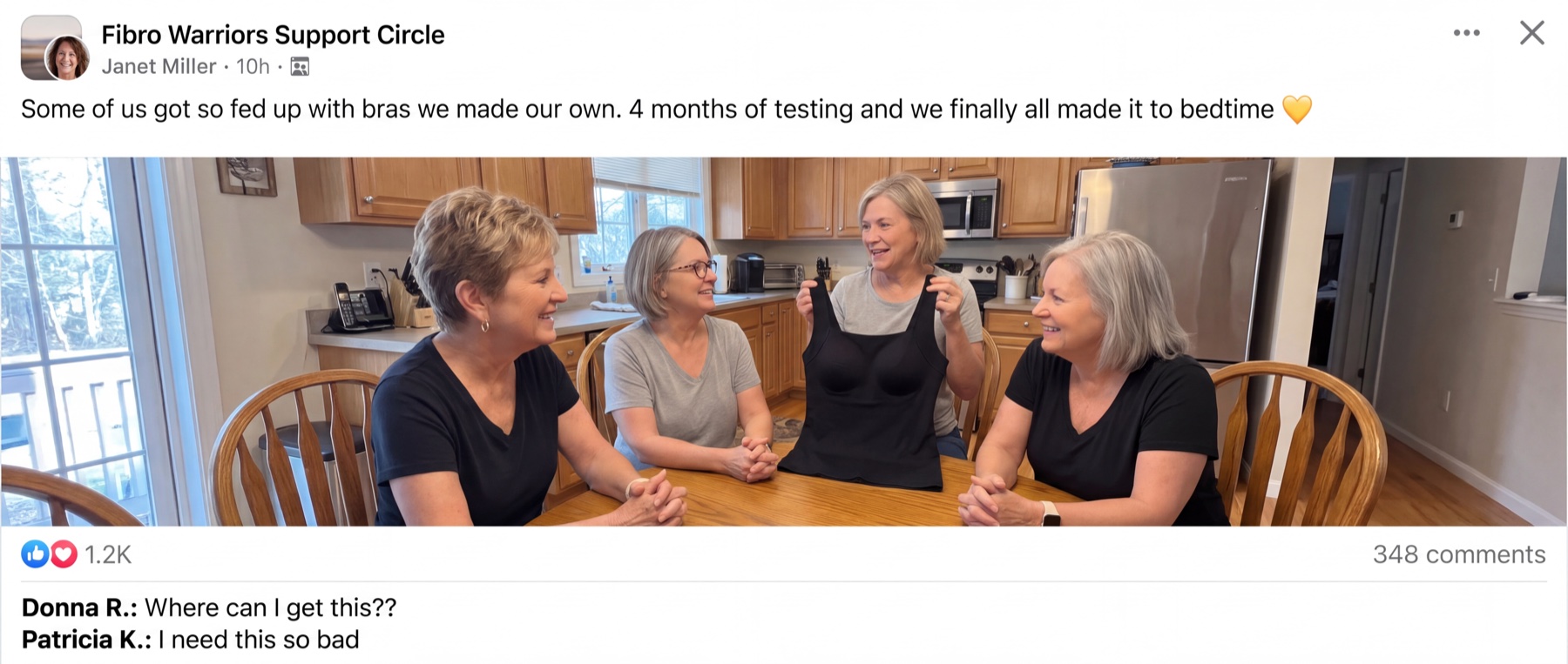 Screenshot of a Facebook group post: Some of us got so fed up with bras we made our own. 4 months of testing and we finally all made it to bedtime.