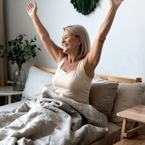 A smiling older woman sits in bed and stretches her arms over her head.