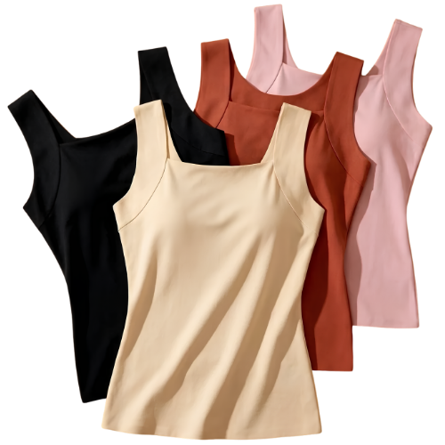 Five women's square neck tank tops in various neutral and pink shades on a white background.