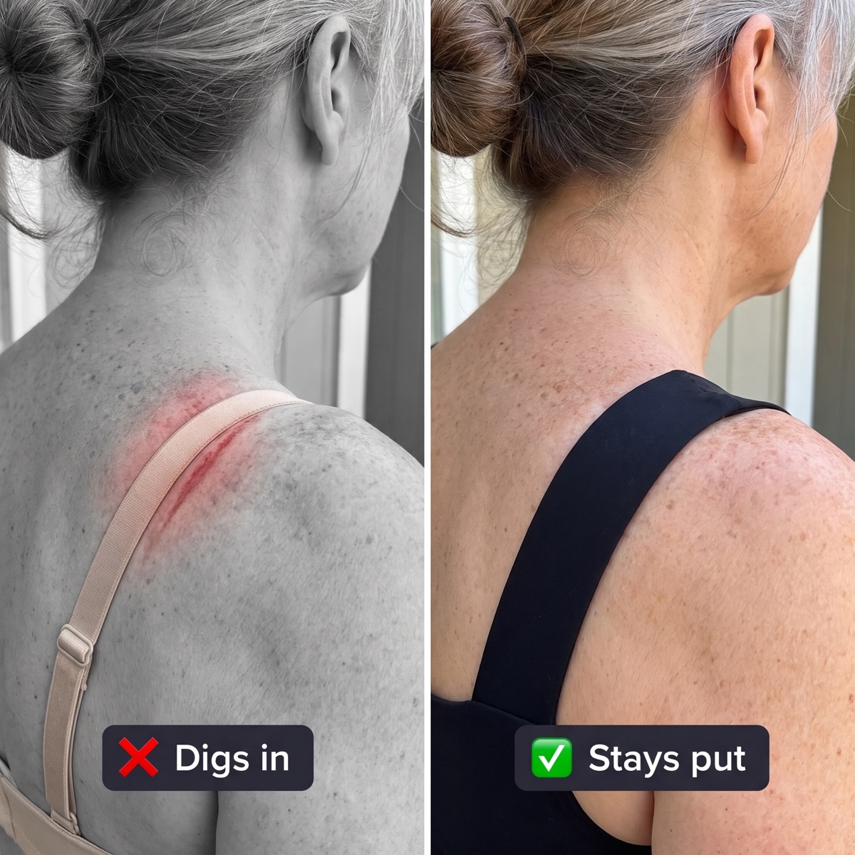 Side by side shoulder view: a thin bra strap marked Digs in next to the wide tank strap marked Stays put