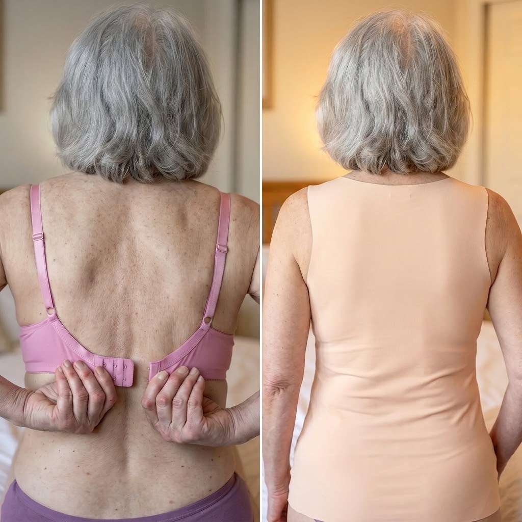 A side-by-side image of a woman's back, first in a bra and then in a smoothing tank top.