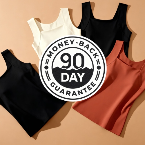 Four tank tops in various colors are displayed with a '90 Day Money-Back Guarantee' sticker over them.