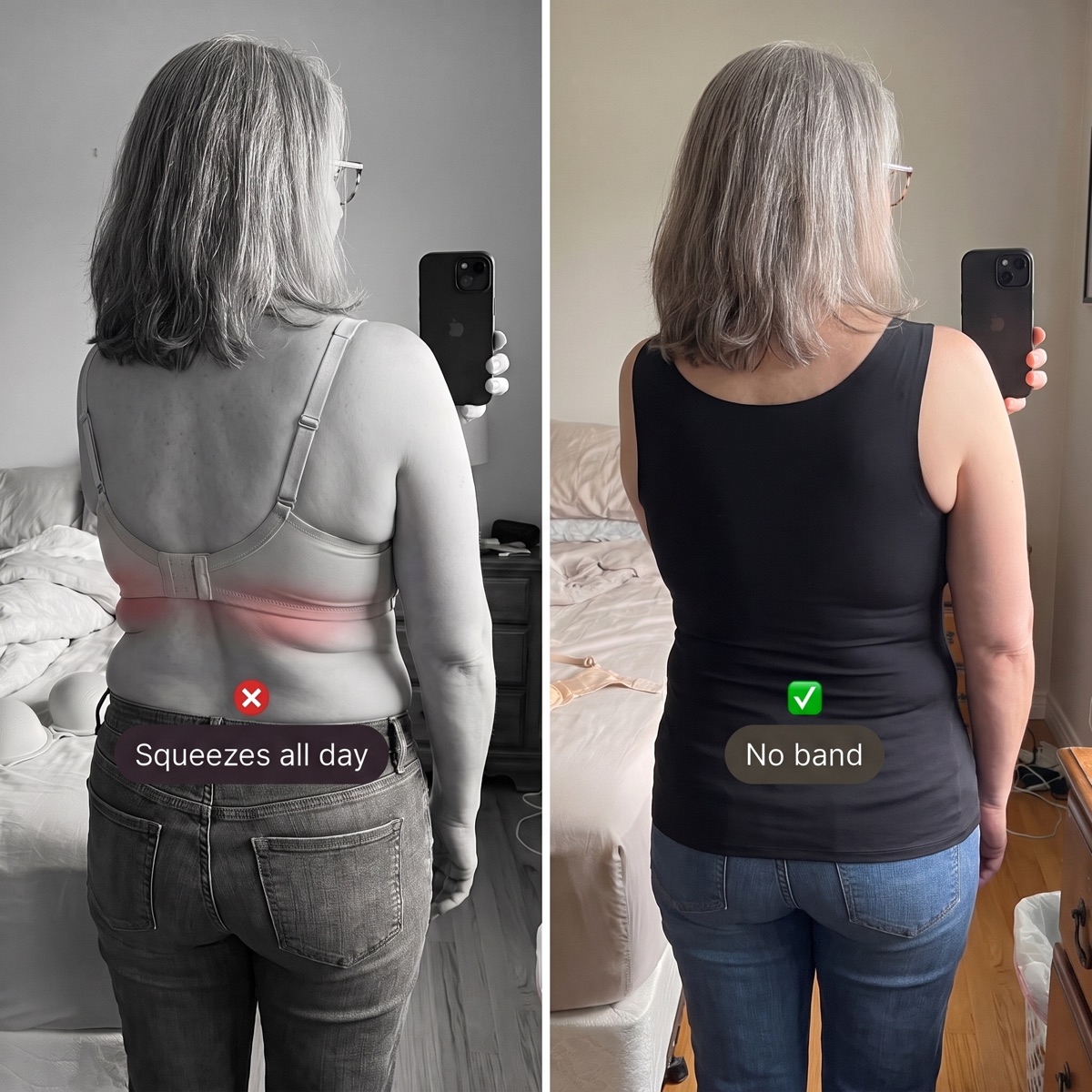 Side by side back view: a regular bra band marked Squeezes all day next to the tank marked No band