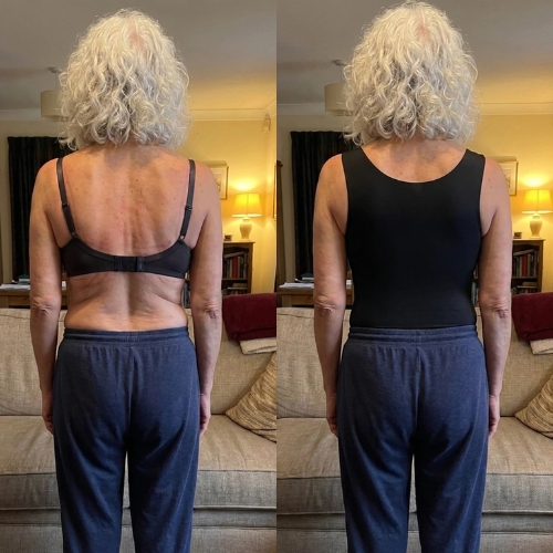A before-and-after photo showing a woman's back, first in a bra, and then in a black top.