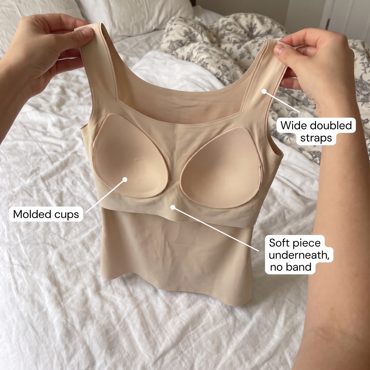 The tank held up with labels pointing to the molded cups, the soft piece underneath with no band, and the wide doubled straps