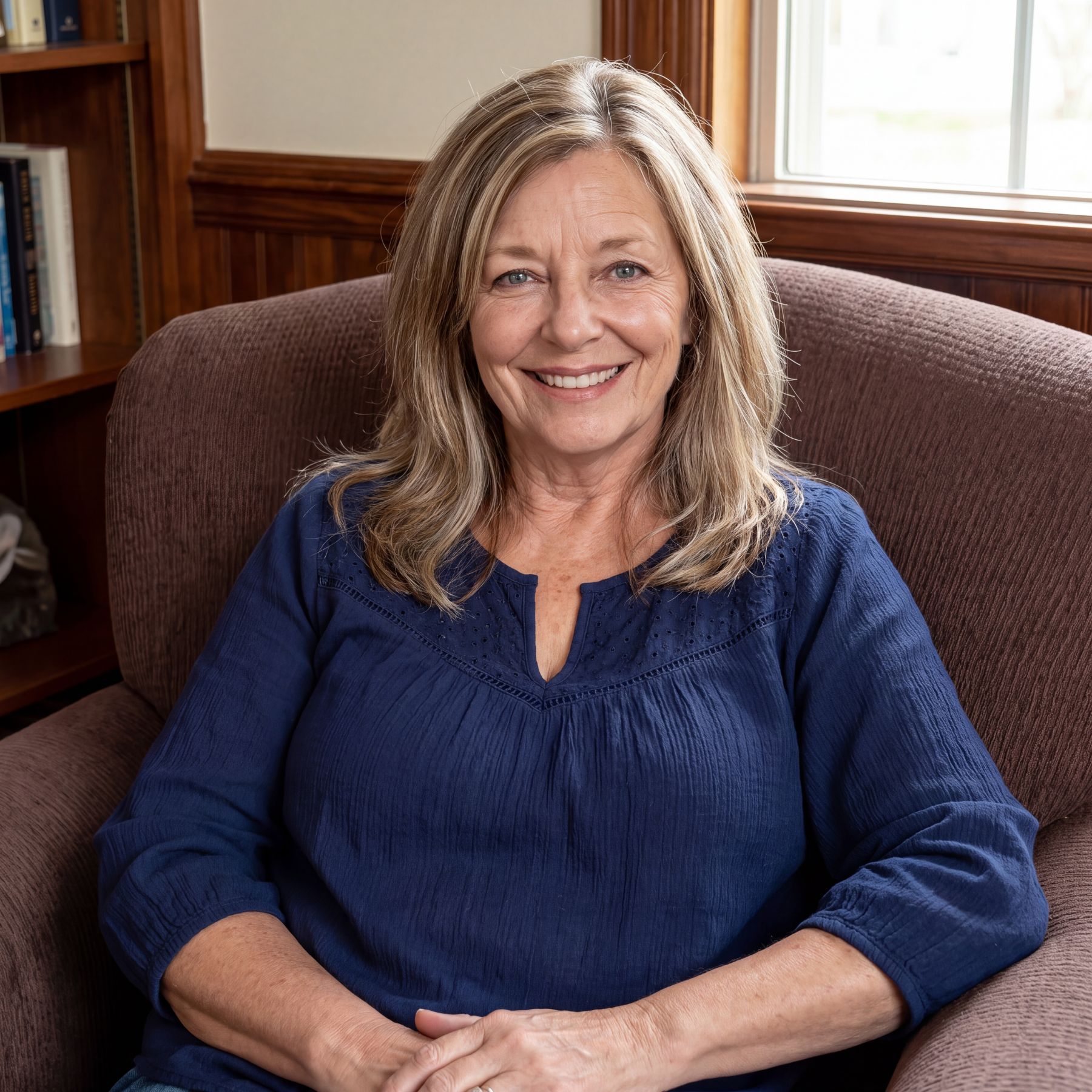 A smiling woman with blonde hair and a blue shirt sits in a brown armchair indoors.