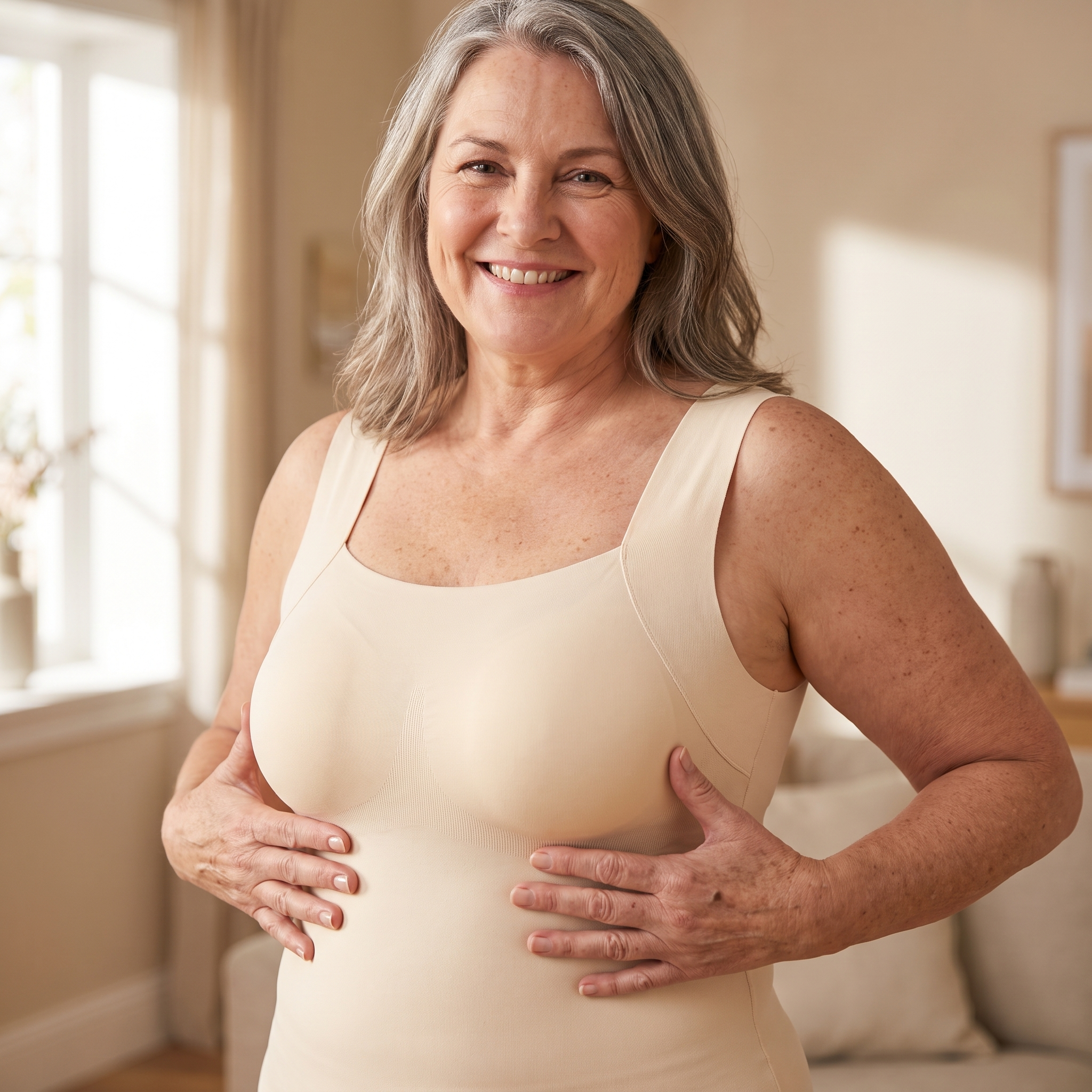 A smiling older woman with gray hair models a beige, form-fitting tank top in a living room.